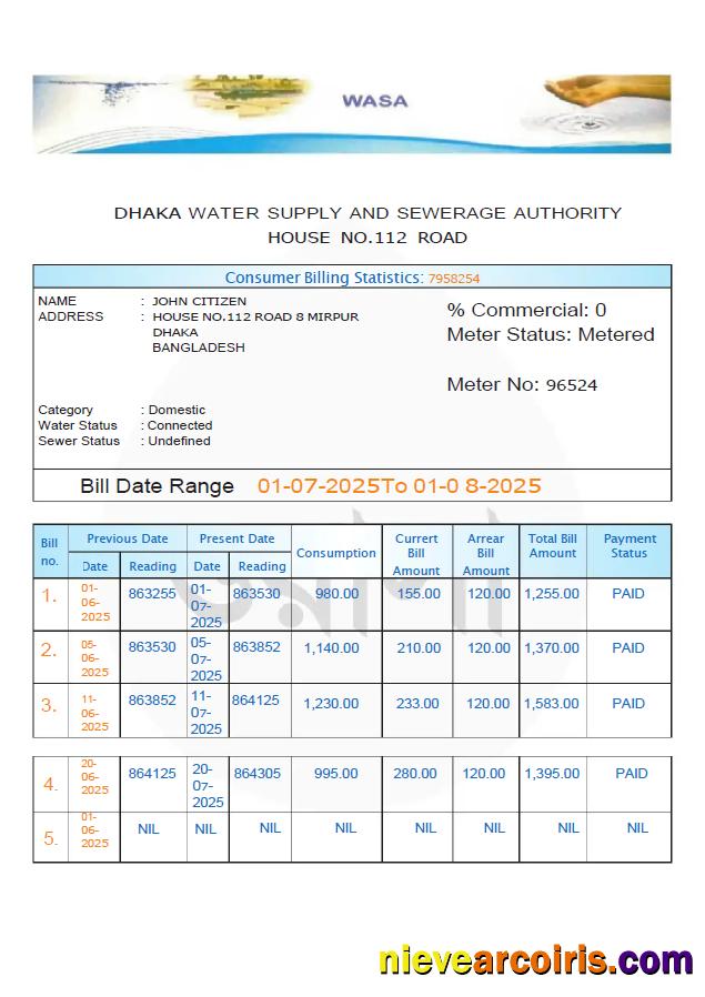 Bangladesh Dhaka Water Supply and Sewerage Authority utility bill